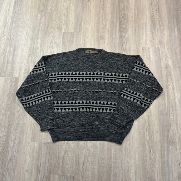 Vintage New Castle Sweater Men's 2XLT Gray Geometric Stripe Fair Isle 90s - Picture 1 of 7